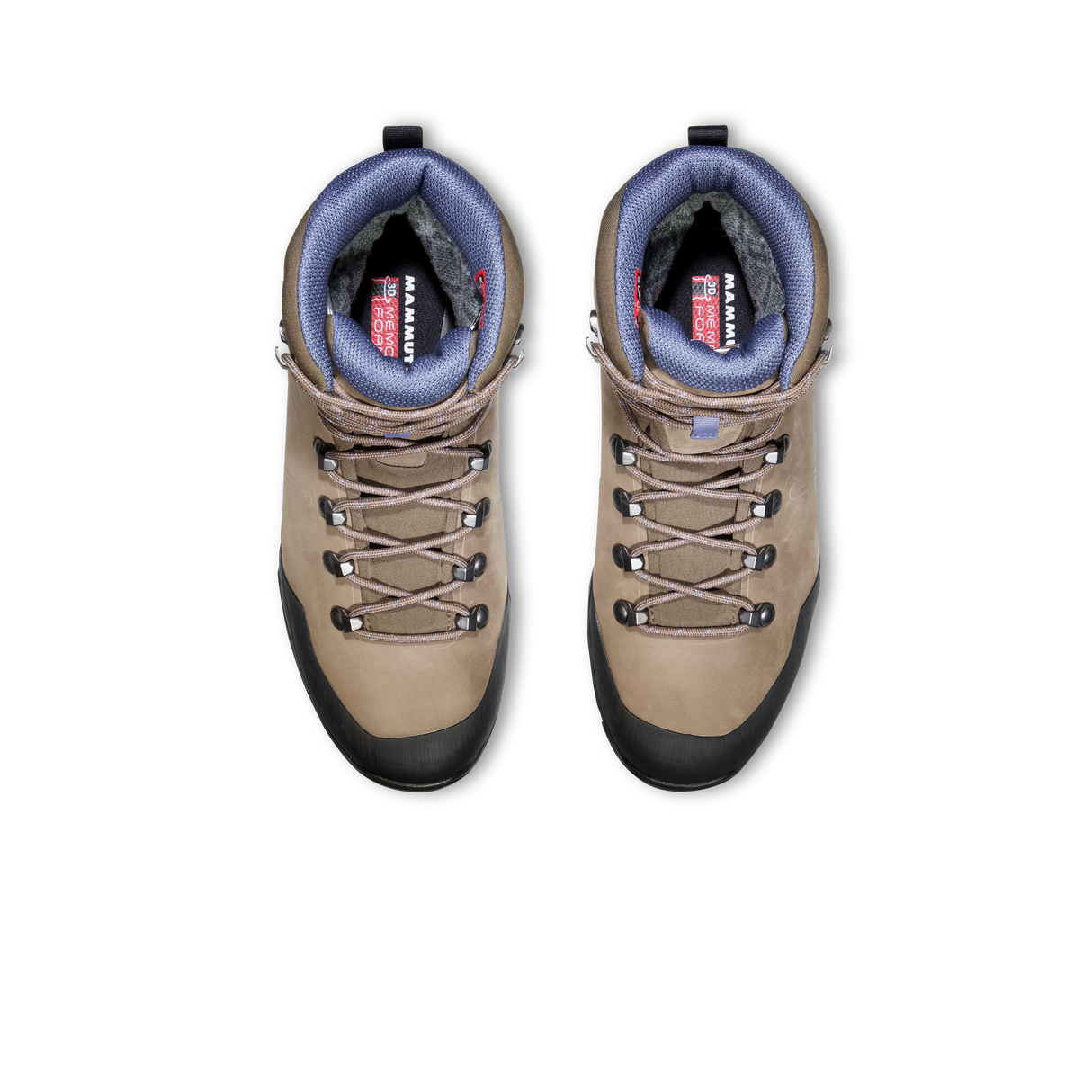 A pair of mid-height hiking boots shown from a top-down view on a solid white background. The boots feature a tan suede upper, a black rubber toe cap and sole, gray laces, and a blue-gray fleece interior lining. - Mammut Nova Tour II High GORE-TEX Boots (Women's) - Oak/Bark
