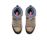 A pair of mid-height hiking boots shown from a top-down view on a solid white background. The boots feature a tan suede upper, a black rubber toe cap and sole, gray laces, and a blue-gray fleece interior lining. - Mammut Nova Tour II High GORE-TEX Boots (Women's) - Oak/Bark