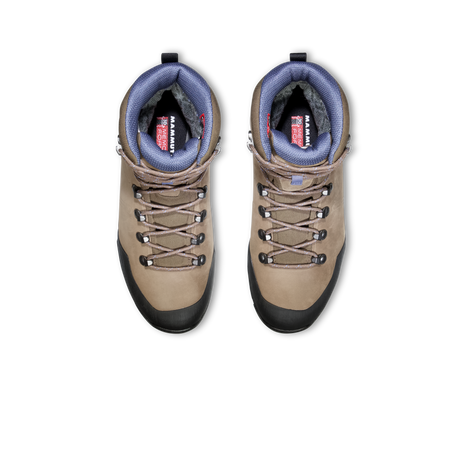 A pair of mid-height hiking boots shown from a top-down view on a solid white background. The boots feature a tan suede upper, a black rubber toe cap and sole, gray laces, and a blue-gray fleece interior lining. - Mammut Nova Tour II High GORE-TEX Boots (Women's) - Oak/Bark