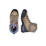 A pair of tan and black mid-cut hiking boots shown from the top and side views on a plain white background. The boots feature a tan upper, black toe and sole sections, gray laces, and a blue-gray interior lining. - Mammut Nova Tour II High GORE-TEX Boots (Women's) - Oak/Bark