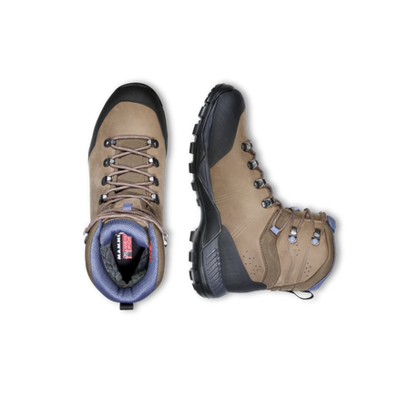 A pair of tan and black mid-cut hiking boots shown from the top and side views on a plain white background. The boots feature a tan upper, black toe and sole sections, gray laces, and a blue-gray interior lining. - Mammut Nova Tour II High GORE-TEX Boots (Women's) - Oak/Bark