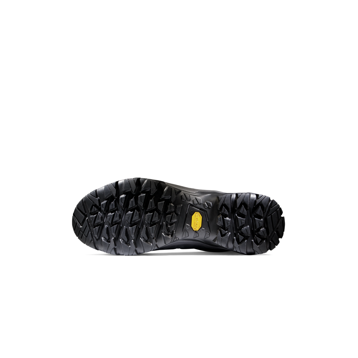 A single black hiking boot shown from the sole view against a plain white background, featuring a deep treaded outsole and a small yellow Vibram logo. - Mammut Mercury IV Mid GORE-TEX (Men's) - Dark Titanium/Black