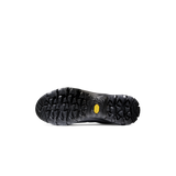 A single black hiking boot shown from the sole view against a plain white background, featuring a deep treaded outsole and a small yellow Vibram logo. - Mammut Mercury IV Mid GORE-TEX (Men's) - Dark Titanium/Black