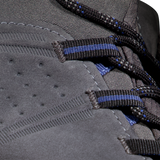 Close-up of a dark gray suede and canvas sneaker with black laces featuring blue stripes. - Mammut Mercury IV Mid GORE-TEX (Men's) - Dark Titanium/Black