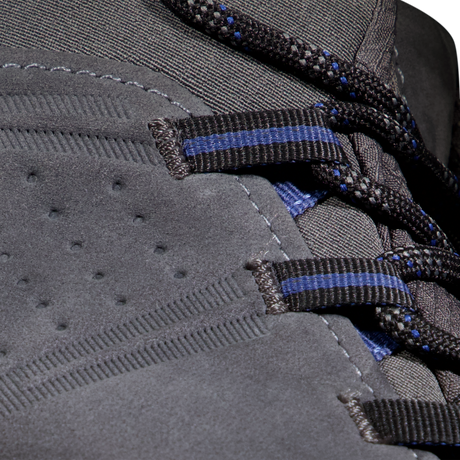 Close-up of a dark gray suede and canvas sneaker with black laces featuring blue stripes. - Mammut Mercury IV Mid GORE-TEX (Men's) - Dark Titanium/Black