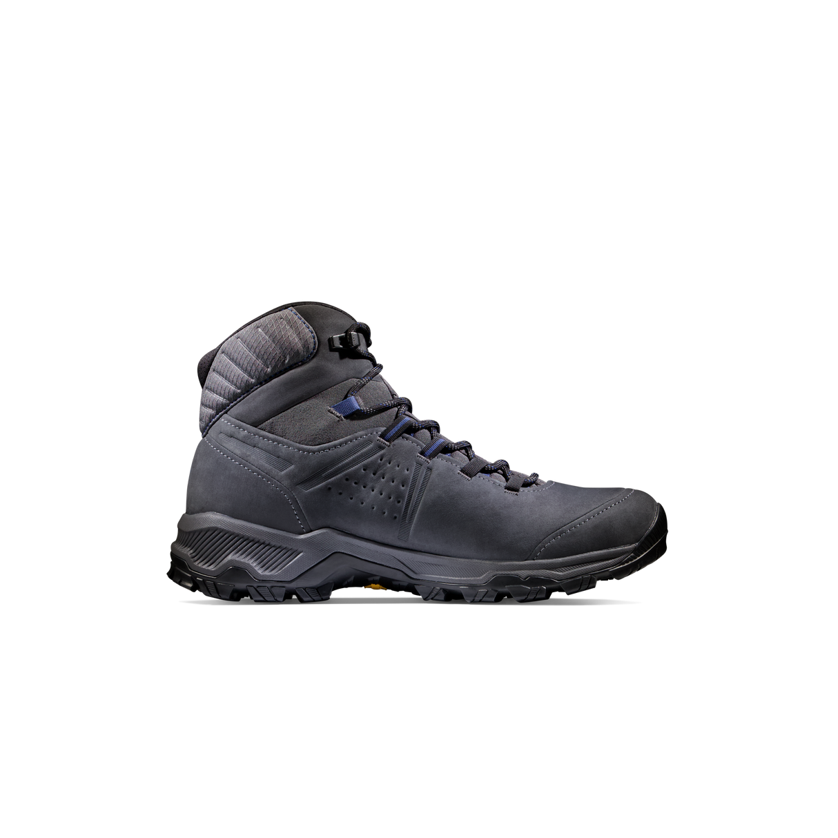 A dark gray mid-cut hiking boot with blue laces and a black sole, shown in a side profile on a solid white background. - Mammut Mercury IV Mid GORE-TEX (Men's) - Dark Titanium/Black