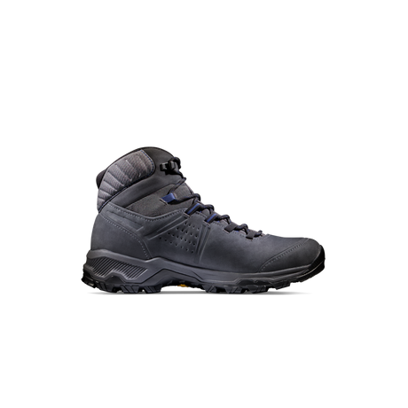 A dark gray mid-cut hiking boot with blue laces and a black sole, shown in a side profile on a solid white background. - Mammut Mercury IV Mid GORE-TEX (Men's) - Dark Titanium/Black