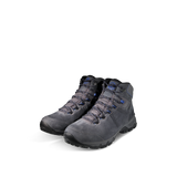 A pair of dark gray mid-cut lace-up hiking boots with black soles and small blue accents on the laces and tongue, shown on a plain white background. - Mammut Mercury IV Mid GORE-TEX (Men's) - Dark Titanium/Black