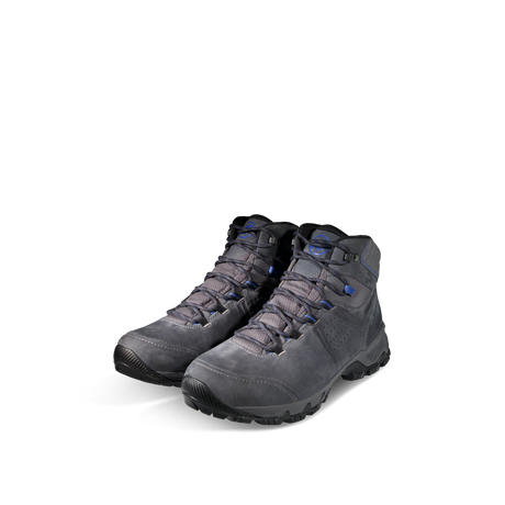 A pair of dark gray mid-cut lace-up hiking boots with black soles and small blue accents on the laces and tongue, shown on a plain white background. - Mammut Mercury IV Mid GORE-TEX (Men's) - Dark Titanium/Black