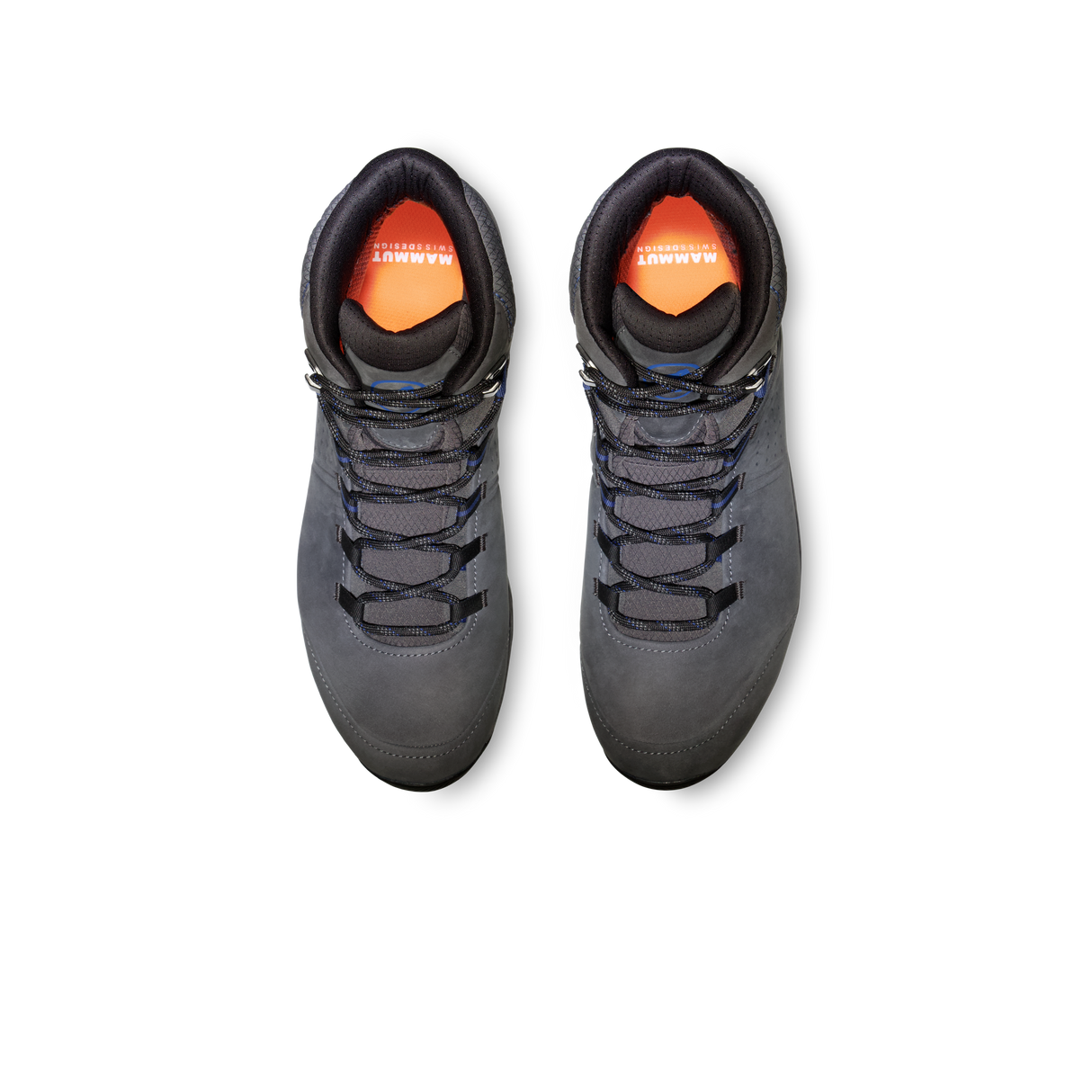 A pair of dark gray high-top hiking boots shown from a top-down view on a solid white background, featuring black laces and a bright orange interior lining with the brand name 'AMAZON' visible. - Mammut Mercury IV Mid GORE-TEX (Men's) - Dark Titanium/Black