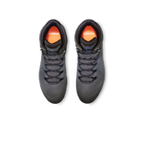 A pair of dark gray high-top hiking boots shown from a top-down view on a solid white background, featuring black laces and a bright orange interior lining with the brand name 'AMAZON' visible. - Mammut Mercury IV Mid GORE-TEX (Men's) - Dark Titanium/Black