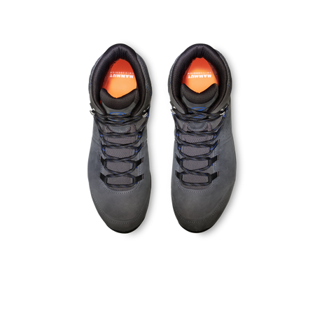 A pair of dark gray high-top hiking boots shown from a top-down view on a solid white background, featuring black laces and a bright orange interior lining with the brand name 'AMAZON' visible. - Mammut Mercury IV Mid GORE-TEX (Men's) - Dark Titanium/Black
