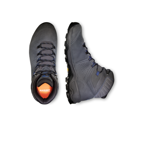A pair of dark gray Mammut hiking boots shown from the top and side views against a plain white background. - Mammut Mercury IV Mid GORE-TEX (Men's) - Dark Titanium/Black