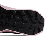 Close-up of the treaded black outsole of a running shoe, showing the Mammut logo embossed in the lug pattern and a light pink edge. - Mammut Aenergy Hike Low GORE-TEX Shoes (Women's) - Marine/Dark Alpine Calamint
