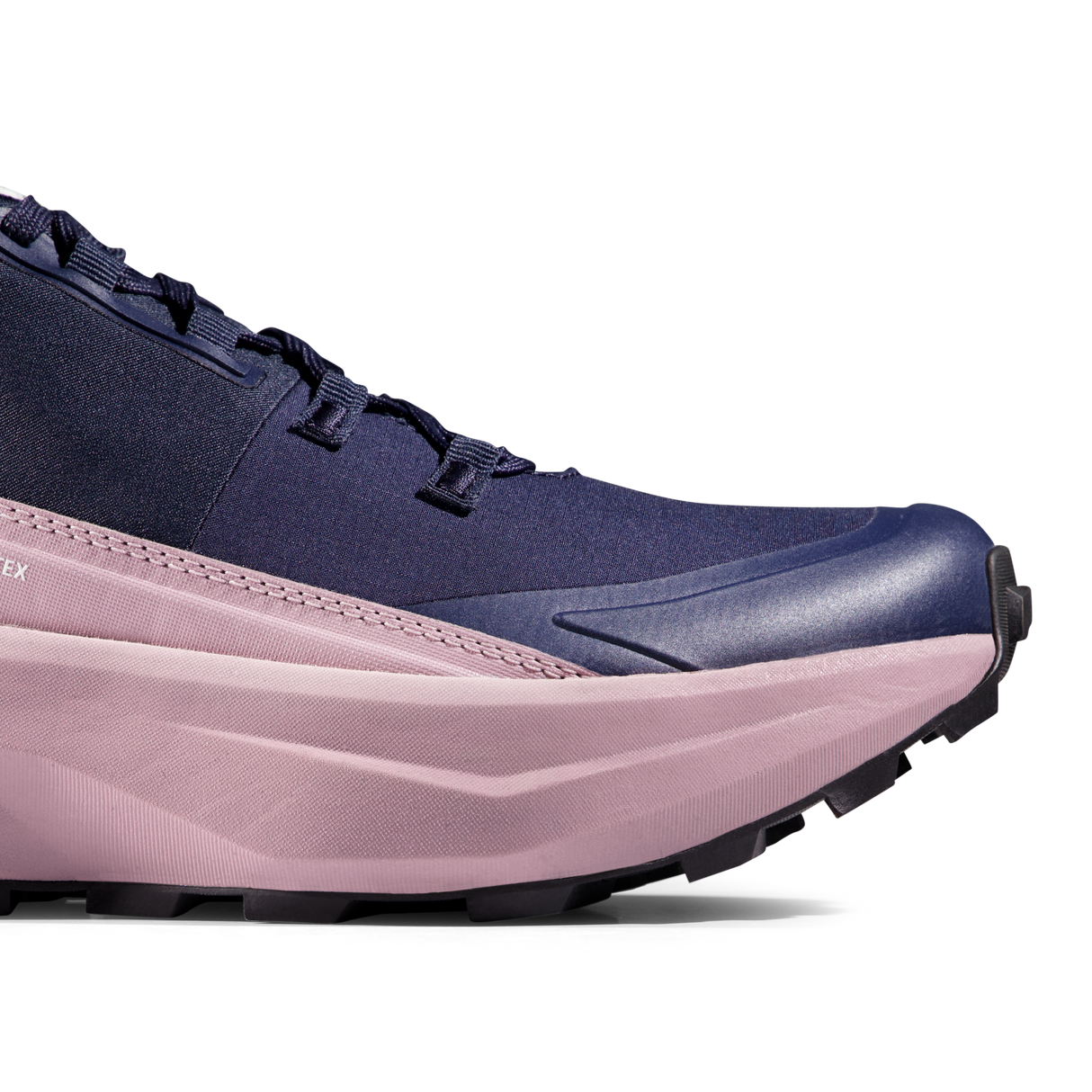 Close-up side view of a low-top athletic shoe showing the navy upper, pink midsole, and black outsole on a white background. - Mammut Aenergy Hike Low GORE-TEX Shoes (Women's) - Marine/Dark Alpine Calamint