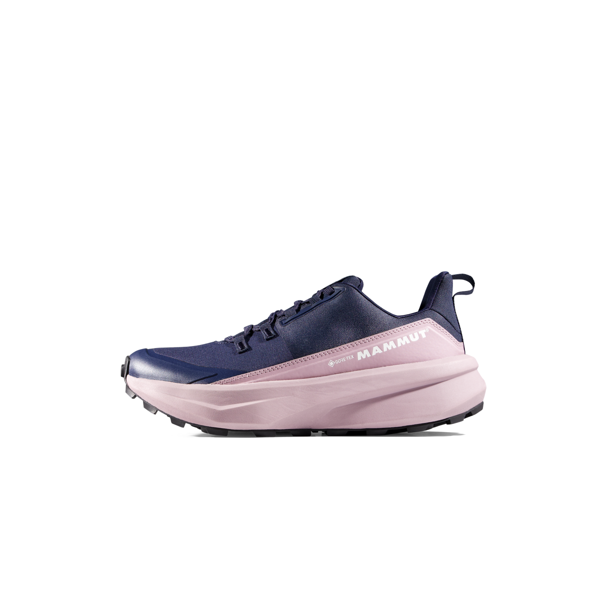 Navy and pink running shoe with 'Mammut' branding on a black background - Mammut Aenergy Hike Low GORE-TEX Shoes (Women's) - Marine/Dark Alpine Calamint