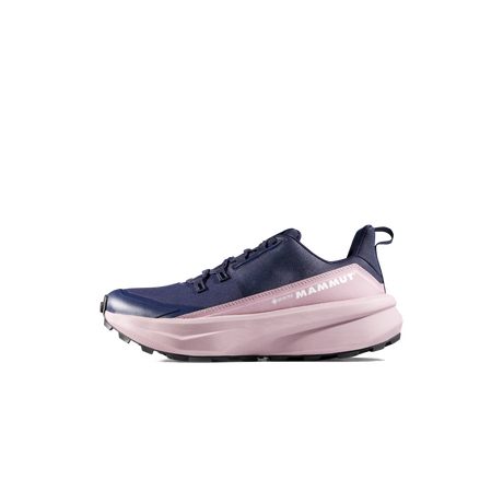 Navy and pink running shoe with 'Mammut' branding on a black background - Mammut Aenergy Hike Low GORE-TEX Shoes (Women's) - Marine/Dark Alpine Calamint