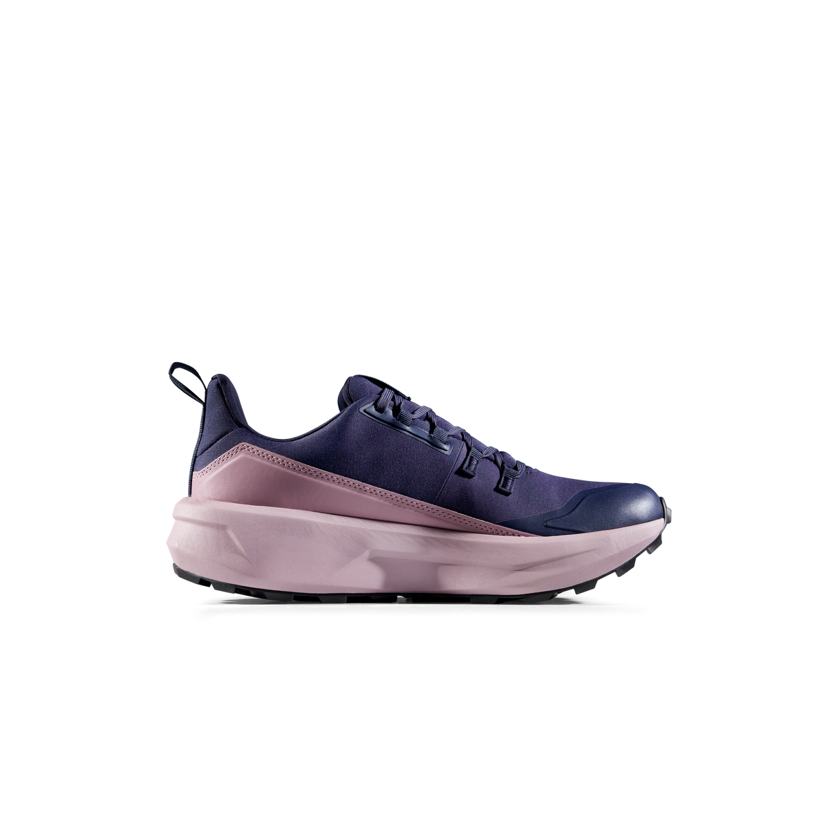 A single athletic sneaker shown in profile against a solid white background. The shoe features a dark navy blue upper with a dusty pink midsole and heel section, black laces, and a black outsole. - Mammut Aenergy Hike Low GORE-TEX Shoes (Women's) - Marine/Dark Alpine Calamint
