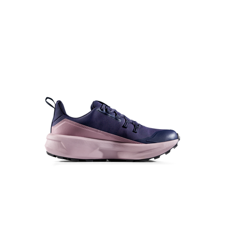 A single athletic sneaker shown in profile against a solid white background. The shoe features a dark navy blue upper with a dusty pink midsole and heel section, black laces, and a black outsole. - Mammut Aenergy Hike Low GORE-TEX Shoes (Women's) - Marine/Dark Alpine Calamint
