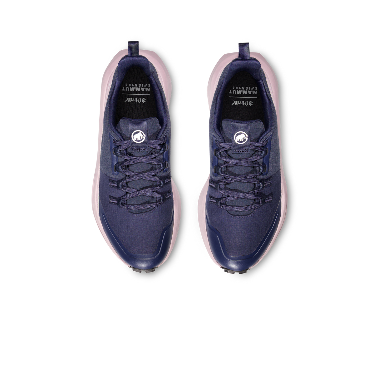 A pair of K-Swiss athletic sneakers shown from a top-down view, featuring a navy blue mesh upper, black laces, and a light pink midsole and heel accent. - Mammut Aenergy Hike Low GORE-TEX Shoes (Women's) - Marine/Dark Alpine Calamint