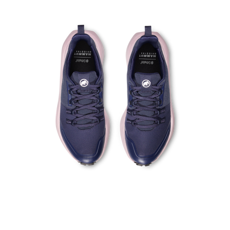 A pair of K-Swiss athletic sneakers shown from a top-down view, featuring a navy blue mesh upper, black laces, and a light pink midsole and heel accent. - Mammut Aenergy Hike Low GORE-TEX Shoes (Women's) - Marine/Dark Alpine Calamint
