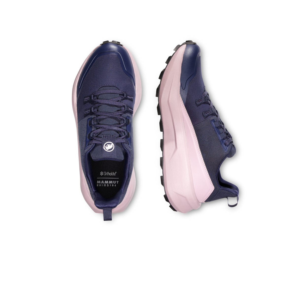 A pair of women's athletic sneakers shown from the top and side views on a plain white background. The shoes feature a navy blue upper, a thick light pink midsole, and a black outsole. - Mammut Aenergy Hike Low GORE-TEX Shoes (Women's) - Marine/Dark Alpine Calamint