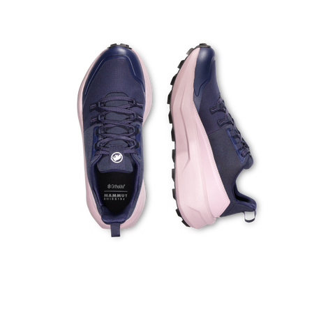 A pair of women's athletic sneakers shown from the top and side views on a plain white background. The shoes feature a navy blue upper, a thick light pink midsole, and a black outsole. - Mammut Aenergy Hike Low GORE-TEX Shoes (Women's) - Marine/Dark Alpine Calamint