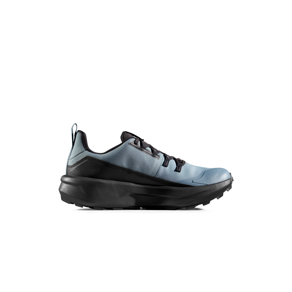 A single athletic sneaker shown in profile against a solid white background. The shoe features a light blue leather upper with black overlays, black laces, and a chunky black sole. - Mammut Aenergy Hike Low GORE-TEX (Men's) - Strata/Black