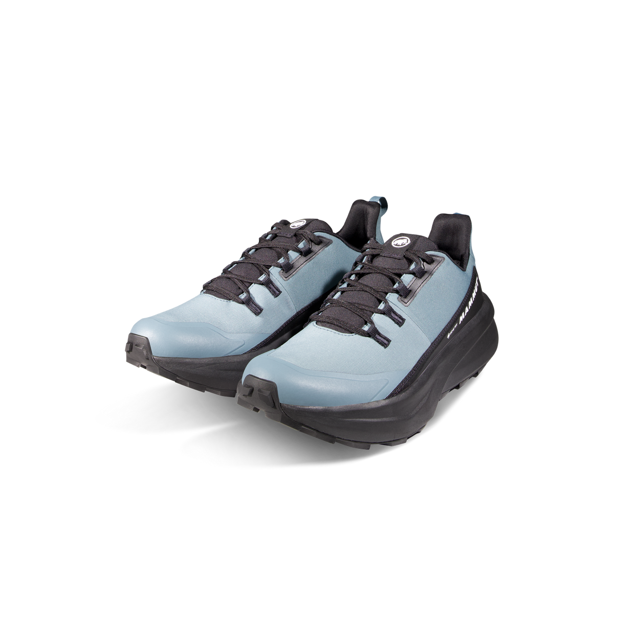 A pair of light blue and black trail running shoes shown from a three-quarters angle on a clean white background. - Mammut Aenergy Hike Low GORE-TEX (Men's) - Strata/Black