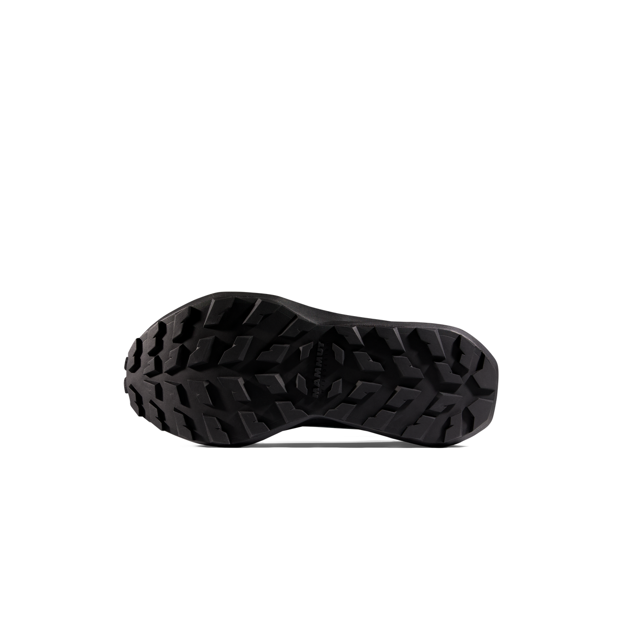 A close-up, bottom view of a black athletic shoe sole with a deep, aggressive tread pattern, shown against a plain white background. - Mammut Aenergy Hike Low GORE-TEX (Men's) - Strata/Black