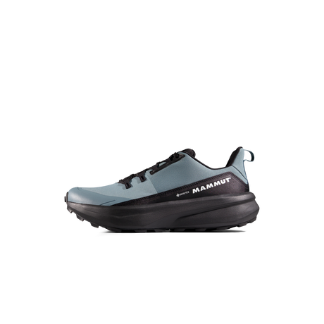 A single Mammut hiking shoe in a slate blue and black colorway, shown from a side profile on a plain white background. - Mammut Aenergy Hike Low GORE-TEX (Men's) - Strata/Black