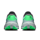 A pair of running shoes shown from the back, featuring a light gray and white upper with bright neon green heel accents and matching green outsoles, on a plain white background. - On Cloudvista 3 Shoes (Women's) - Flurry/Verdite