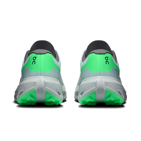 A pair of running shoes shown from the back, featuring a light gray and white upper with bright neon green heel accents and matching green outsoles, on a plain white background. - On Cloudvista 3 Shoes (Women's) - Flurry/Verdite