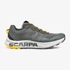 Gray running shoe with yellow accents and 'Scarpa' branding on a white background - SCARPA Spin Planet (Men's) - Anthracite/Saffron