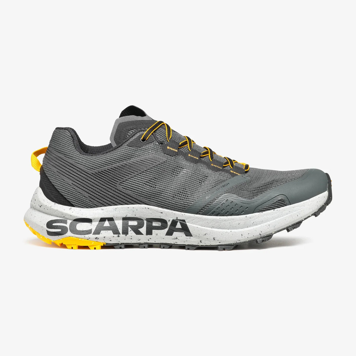 Gray running shoe with yellow accents and 'Scarpa' branding on a white background - SCARPA Spin Planet (Men's) - Anthracite/Saffron