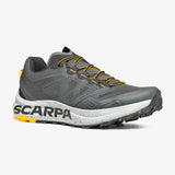 Gray running shoe with yellow accents and Scarpa branding on a white background - SCARPA Spin Planet (Men's) - Anthracite/Saffron