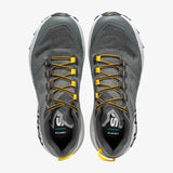Pair of gray athletic shoes with yellow accents on a white background - SCARPA Spin Planet (Men's) - Anthracite/Saffron