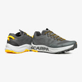 Gray and yellow running shoes with 'Scarpa' branding on a white background - SCARPA Spin Planet (Men's) - Anthracite/Saffron