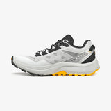 White and black trail running shoe with orange sole on a white background - SCARPA Spin Planet (Women's) - White/Saffron