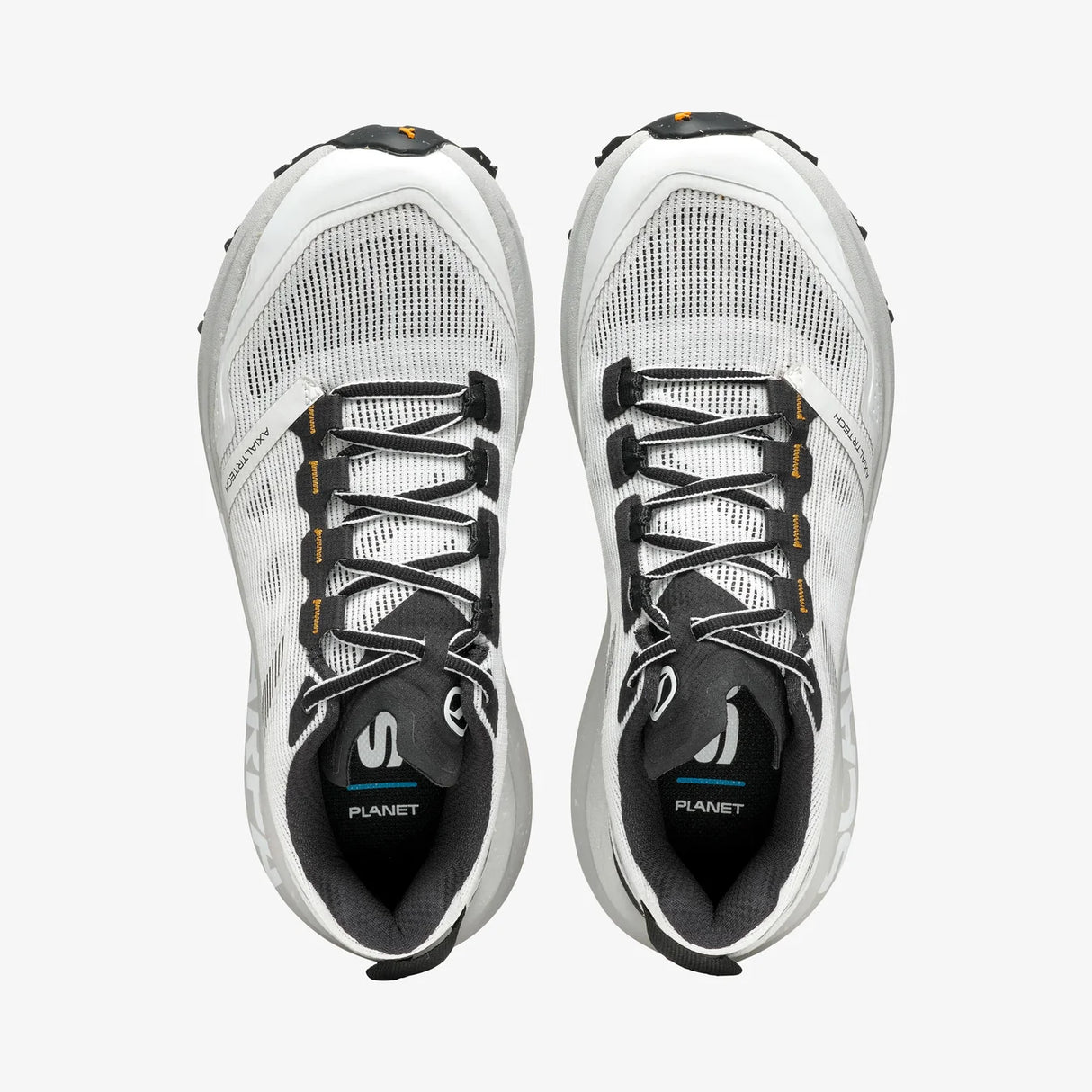 White running shoes with black laces on a white background - SCARPA Spin Planet (Women's) - White/Saffron