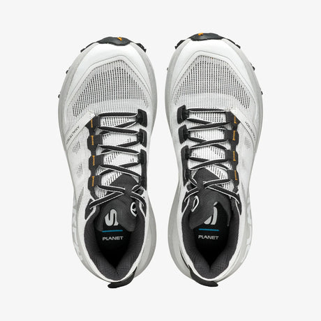 White running shoes with black laces on a white background - SCARPA Spin Planet (Women's) - White/Saffron