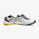 Pair of white and black shoes with orange accents on a white background - SCARPA Spin Planet (Women's) - White/Saffron