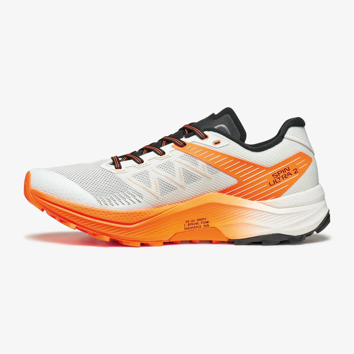 White and orange running shoe with black accents on a white background - SCARPA Spin Ultra 2 (Men's) - Ice/Orange Fluro