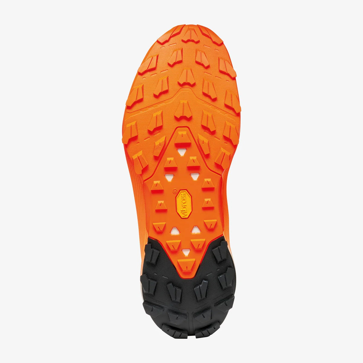 Close-up of an orange and black sole on a white background - SCARPA Spin Ultra 2 (Women's) - Ice/Orange Fluro