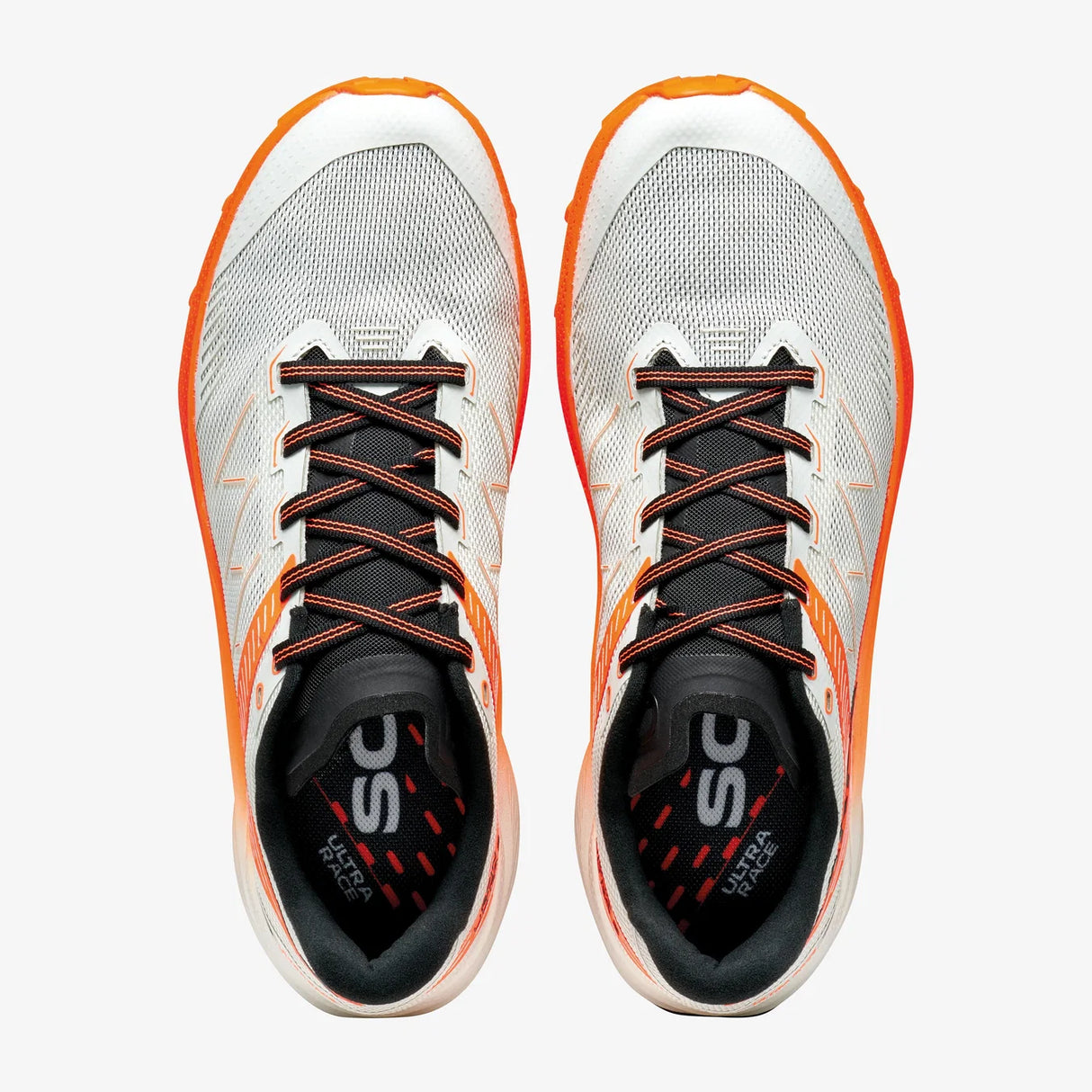 A pair of athletic running shoes shown from a top-down view on a light gray background. The shoes feature a white mesh upper with bright orange accents along the midsole and around the eyelets, black laces, and a black interior with a visible 'SC' logo. - SCARPA Spin Ultra 2 (Women's) - Ice/Orange Fluro