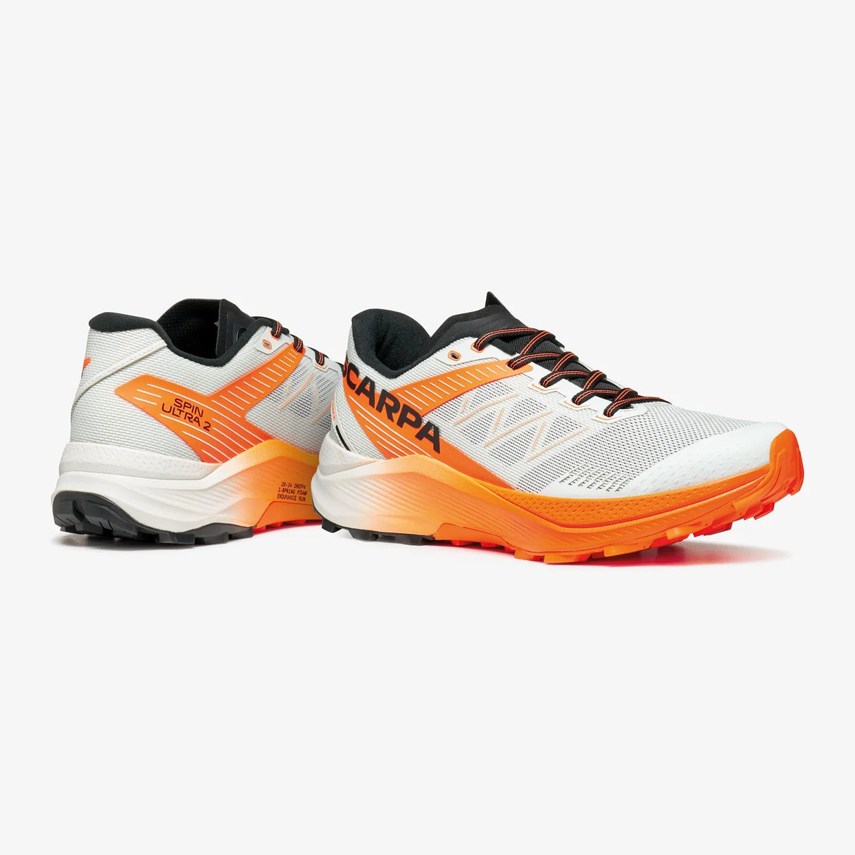 White and orange running shoes with black accents on a white background - SCARPA Spin Ultra 2 (Women's) - Ice/Orange Fluro