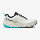 White running shoe with black and blue accents on a white background - SCARPA Golden Gate LT (Men's) - White/Azure