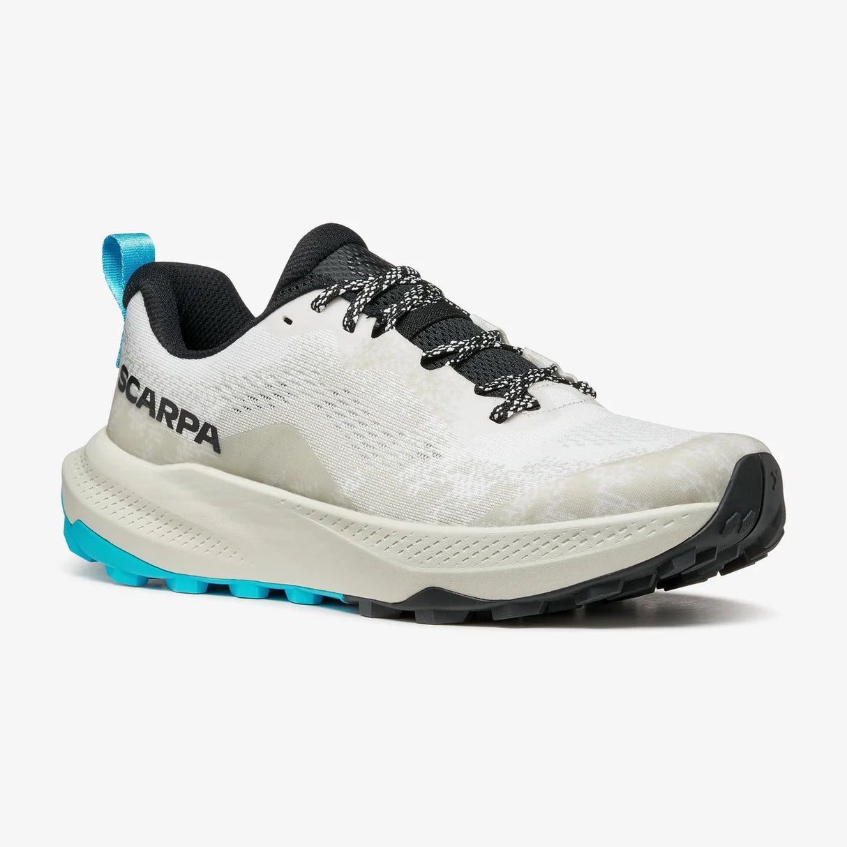 White running shoe with black and blue accents on a white background - SCARPA Golden Gate LT (Men's) - White/Azure