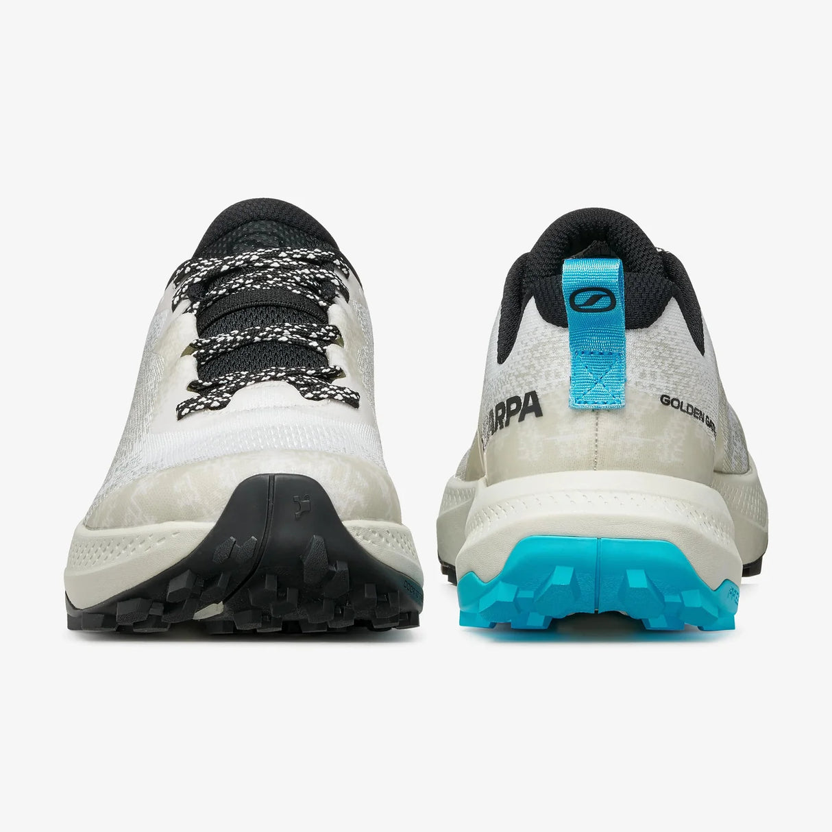 Two white running shoes with black and blue accents on a white background - SCARPA Golden Gate LT (Men's) - White/Azure