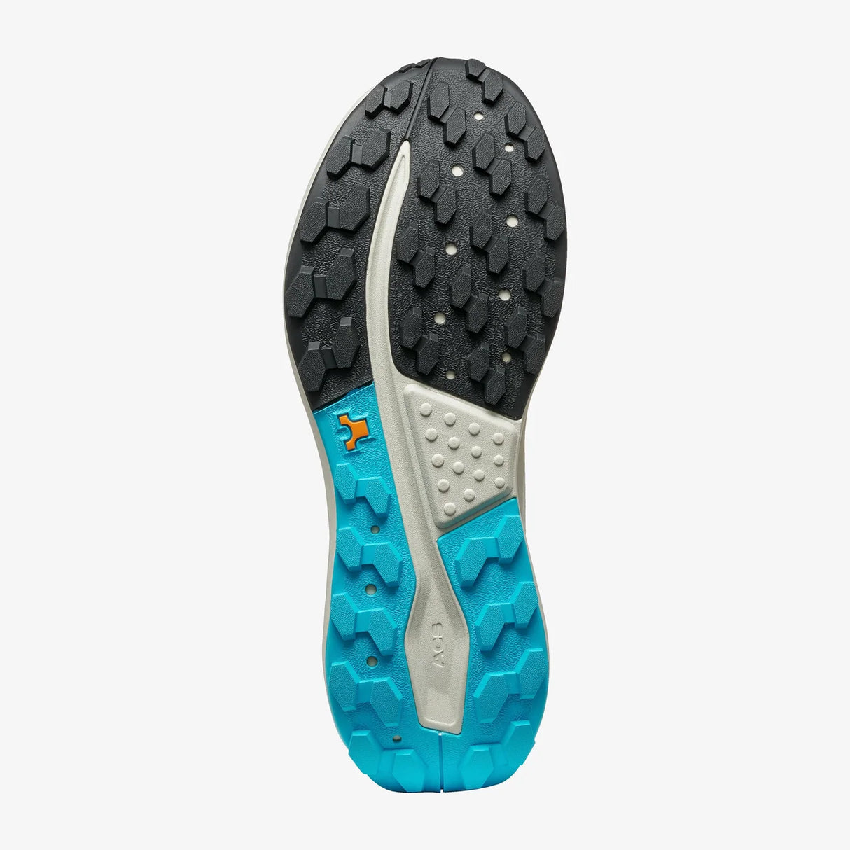 Close-up of a shoe sole with blue, gray, and black design on a white background - SCARPA Golden Gate LT (Men's) - White/Azure